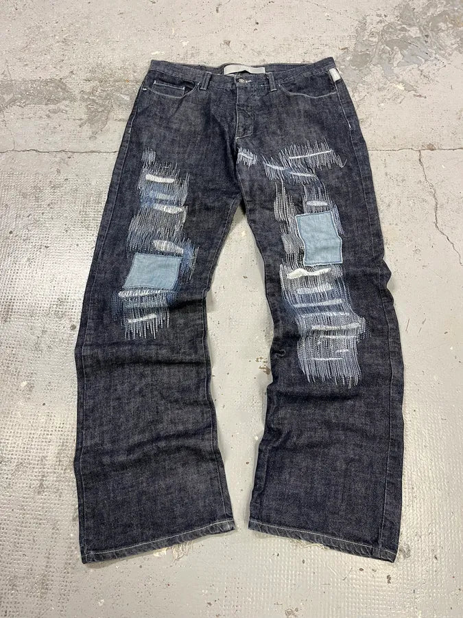 2000s Versace Navy Brut Distressed Patchwork Denim Jeans eSukTFs 3