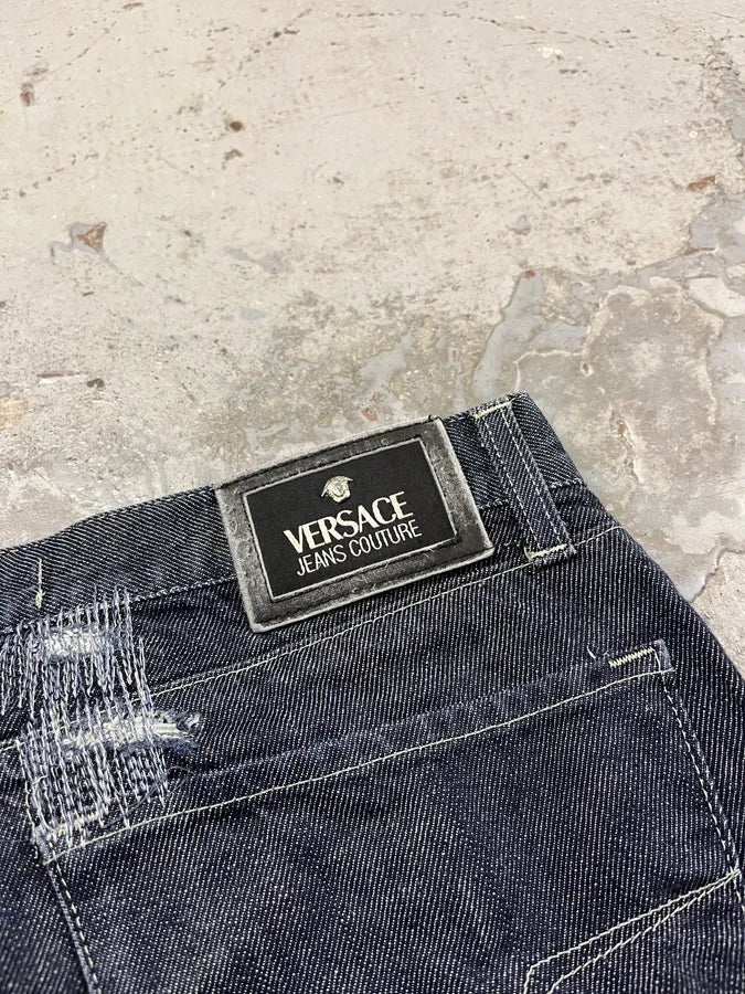 2000s Versace Navy Brut Distressed Patchwork Denim Jeans eSukTFs 9