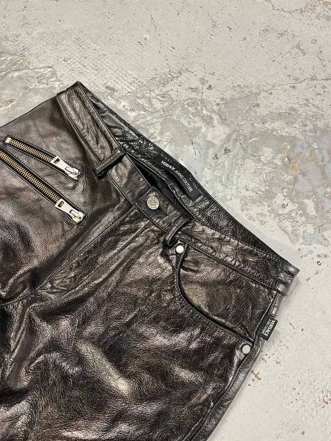 2000s Versace Oil Spill Black Premium Leather Pants prhnCbe 6