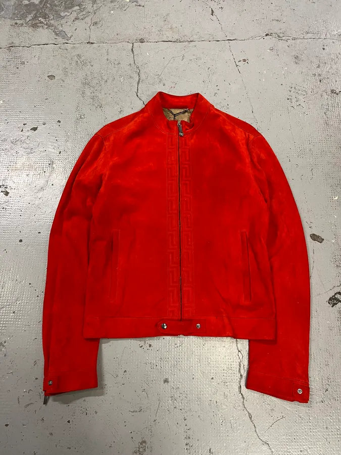 2000s Versace Orange Red Suede Leather Biker Jacket PesCzKT 0