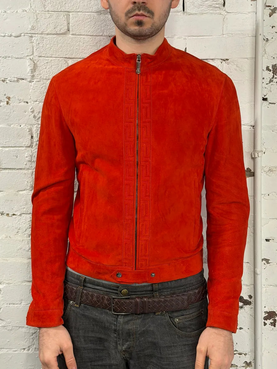 2000s Versace Orange Red Suede Leather Biker Jacket PesCzKT 1