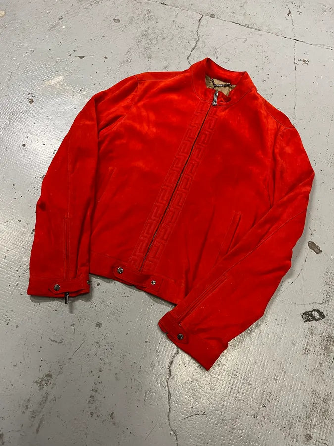 2000s Versace Orange Red Suede Leather Biker Jacket PesCzKT 3
