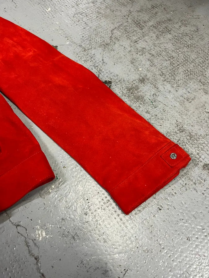2000s Versace Orange Red Suede Leather Biker Jacket PesCzKT 5