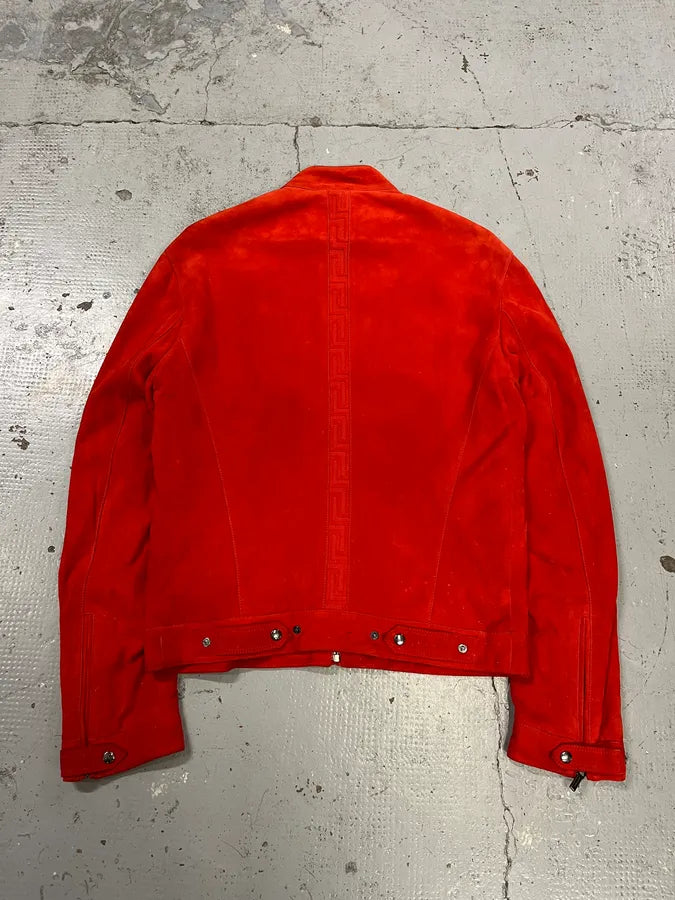 2000s Versace Orange Red Suede Leather Biker Jacket PesCzKT 6