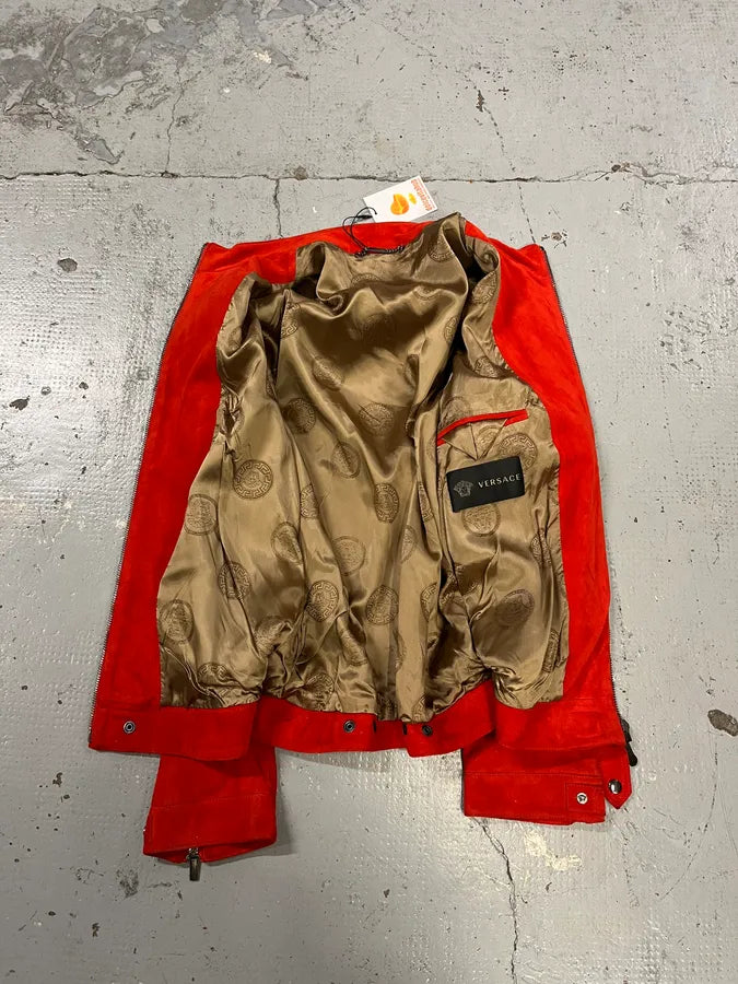 2000s Versace Orange Red Suede Leather Biker Jacket PesCzKT 8