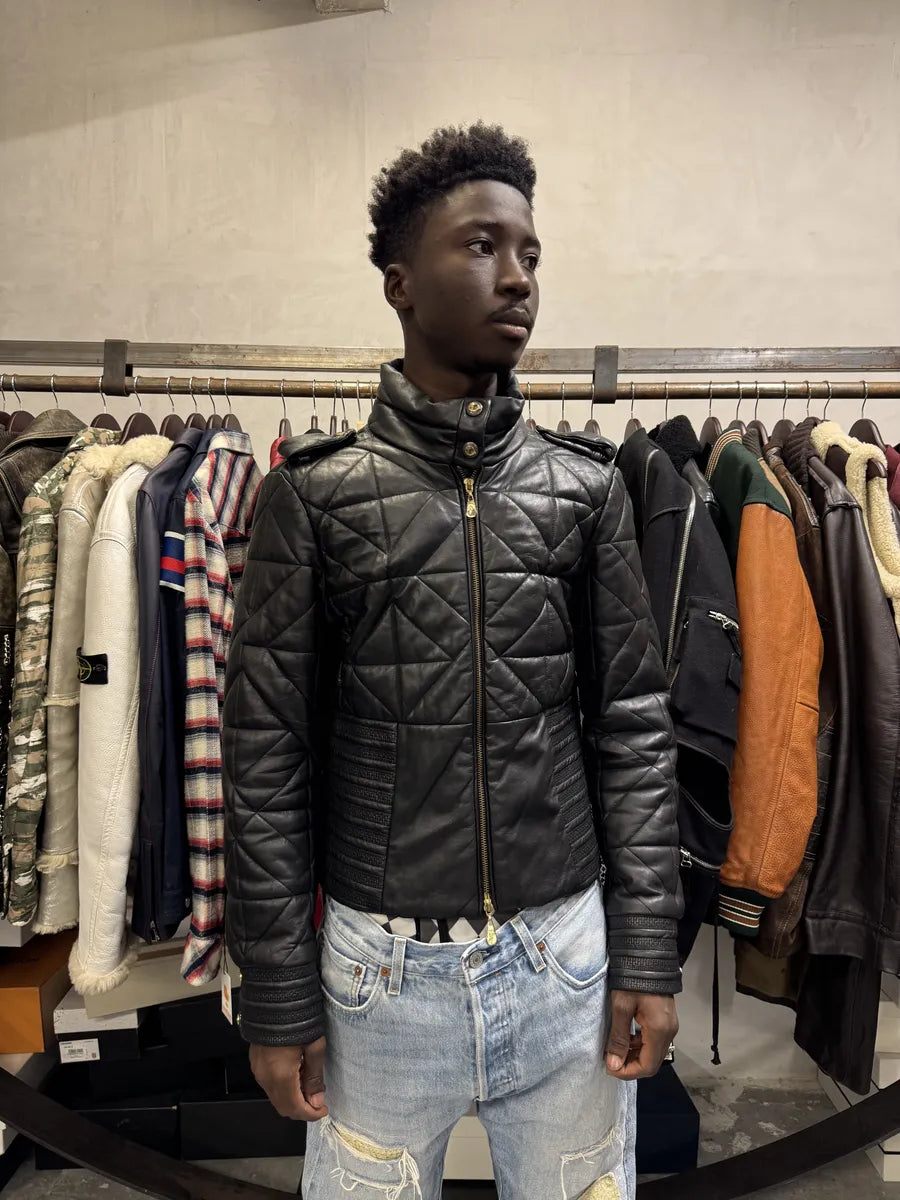 2000s Versace Padded Black Leather Jacket IVwGSGa 1