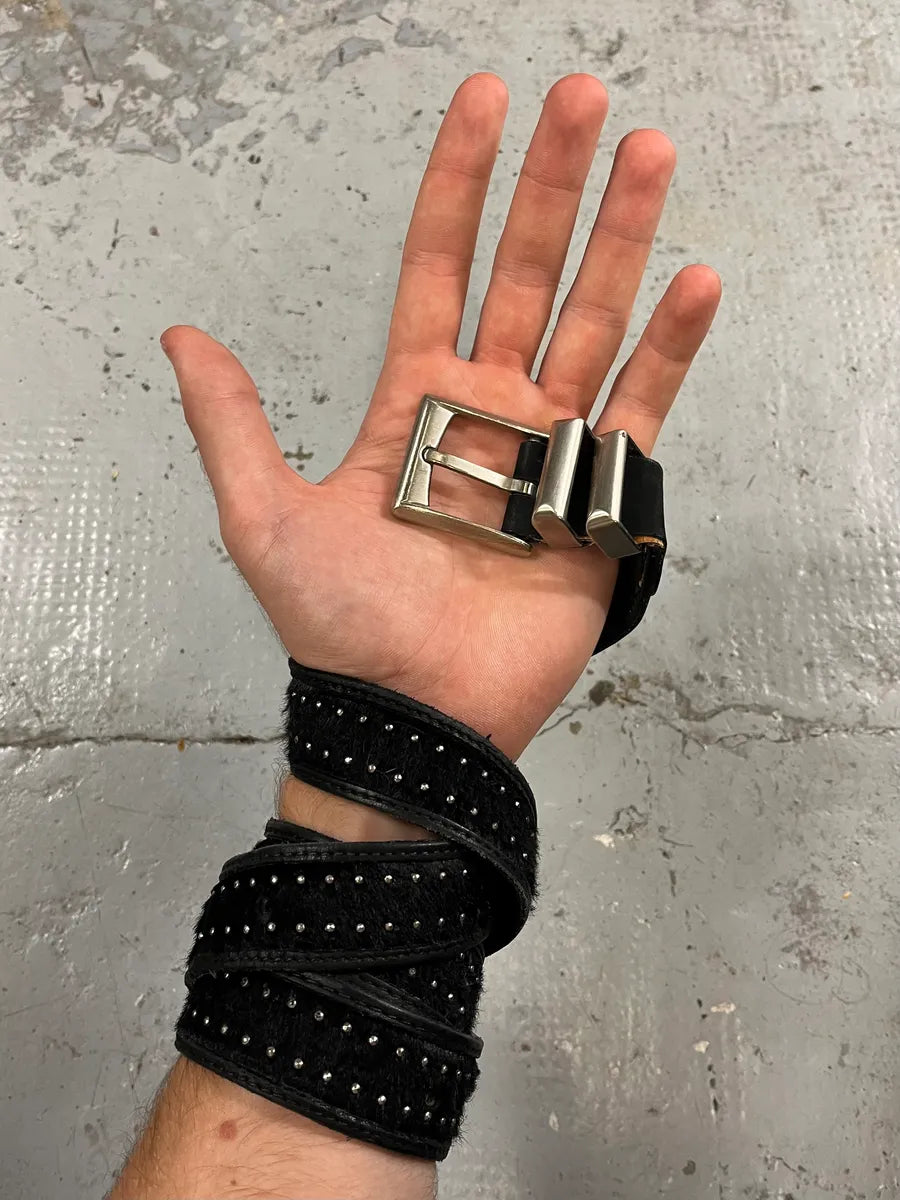 2000s Versace Pony Hair Studded Black Leather Belt kLHhZSZ 0