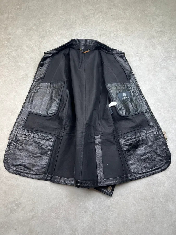 2000s Versace Premium Black Leather Blazer Jacket eYDFnYw 10