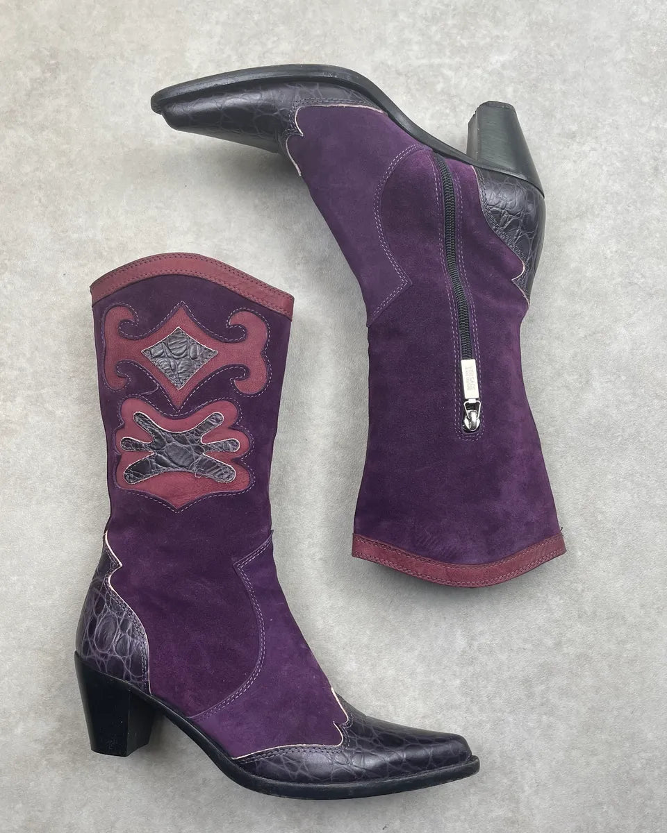 2000s Versace Purple Suede Crocodile Effect Embroidered Cowboy Boots NbkxGAS 0