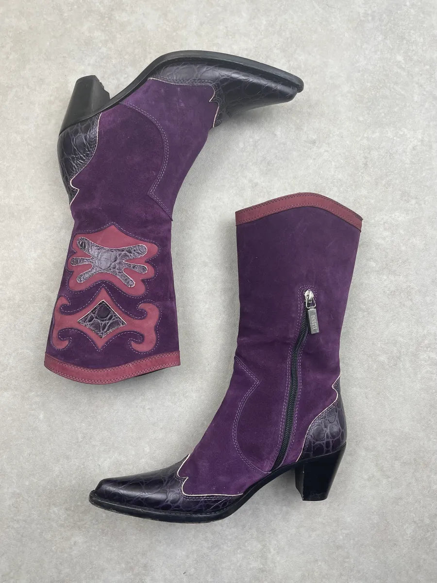 2000s Versace Purple Suede Crocodile Effect Embroidered Cowboy Boots NbkxGAS 1
