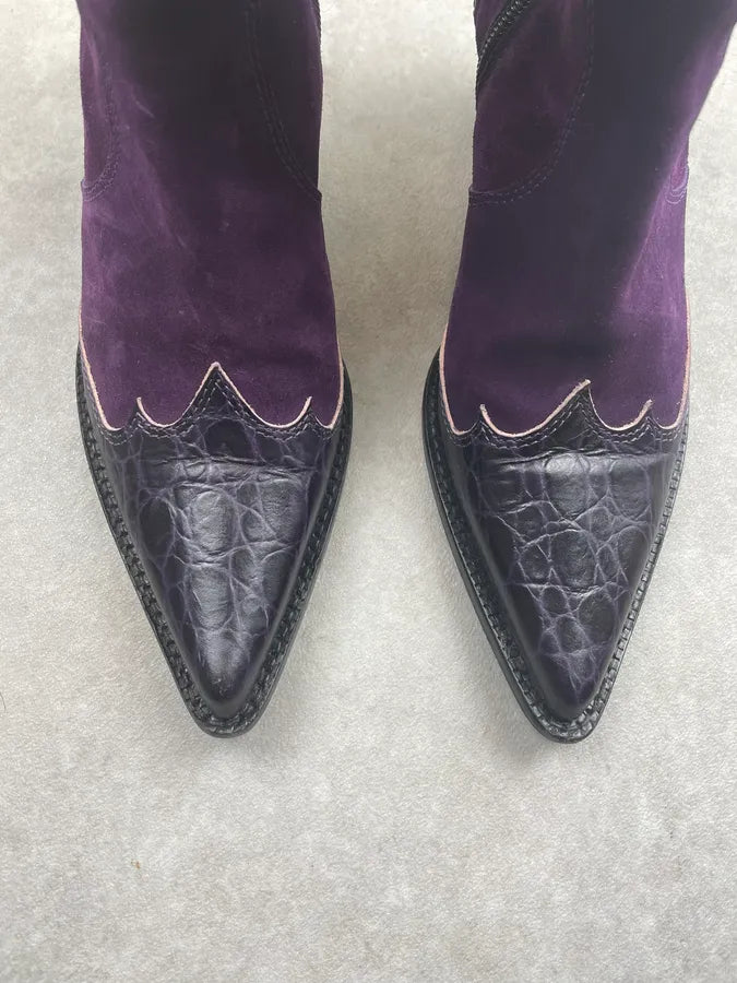 2000s Versace Purple Suede Crocodile Effect Embroidered Cowboy Boots NbkxGAS 3