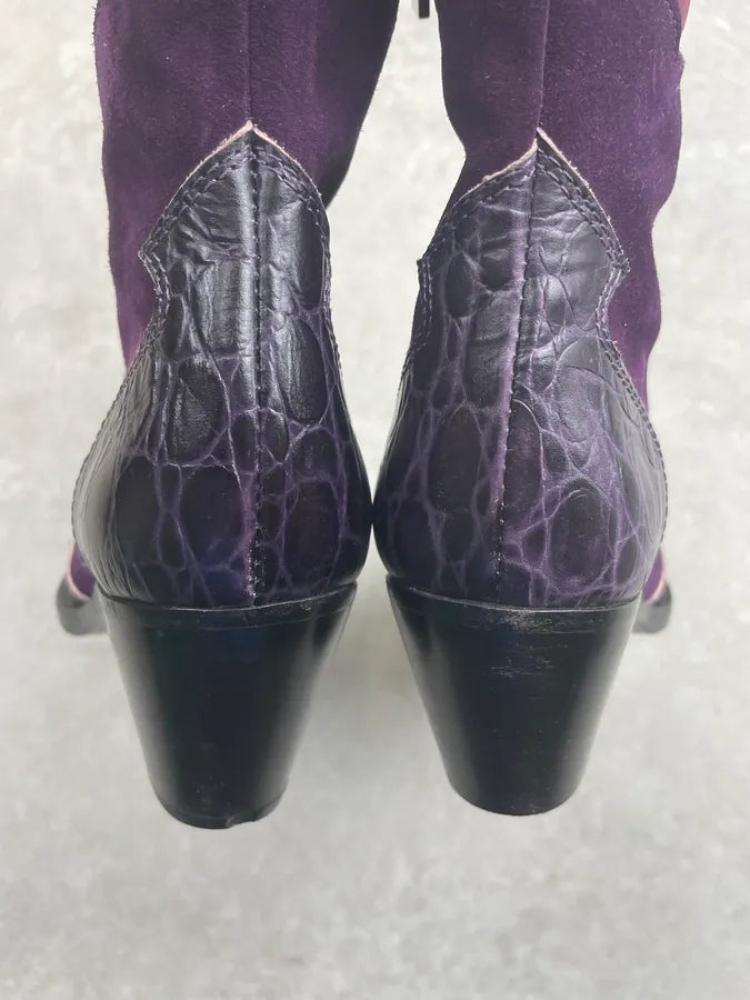 2000s Versace Purple Suede Crocodile Effect Embroidered Cowboy Boots NbkxGAS 5