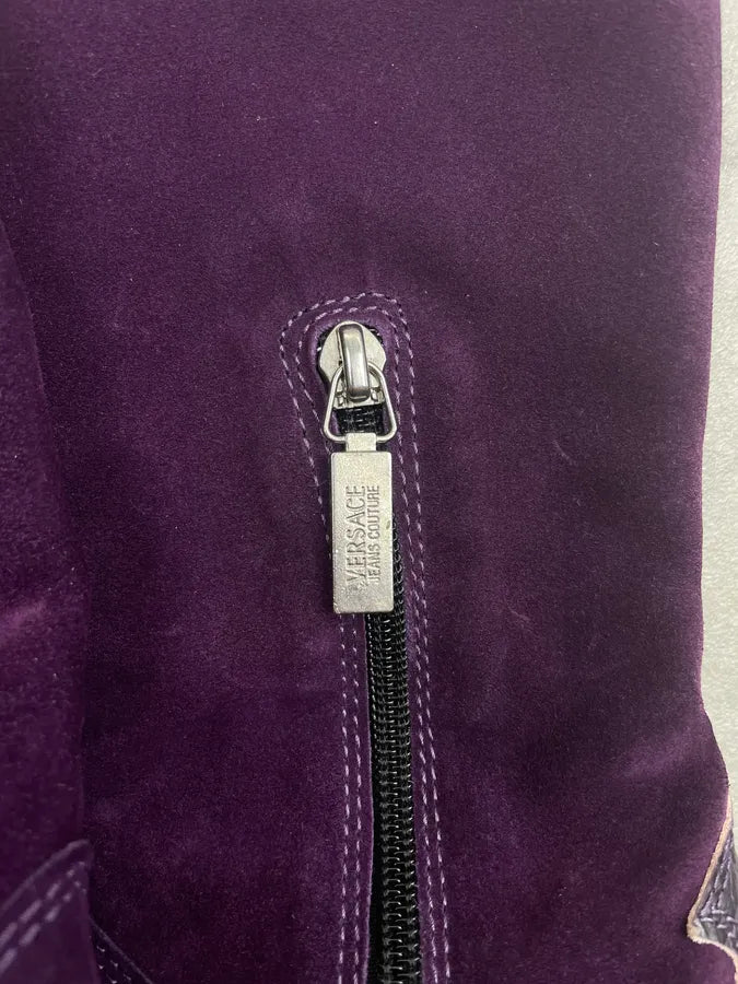 2000s Versace Purple Suede Crocodile Effect Embroidered Cowboy Boots NbkxGAS 7