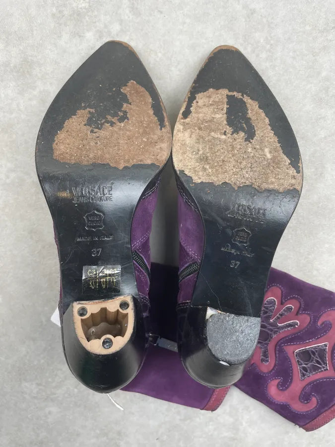 2000s Versace Purple Suede Crocodile Effect Embroidered Cowboy Boots NbkxGAS 8