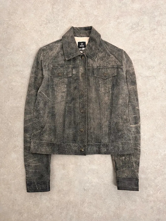 2000s Versace Raw Faded Cropped Grey Leather Trucker Jacket GINicjO 0