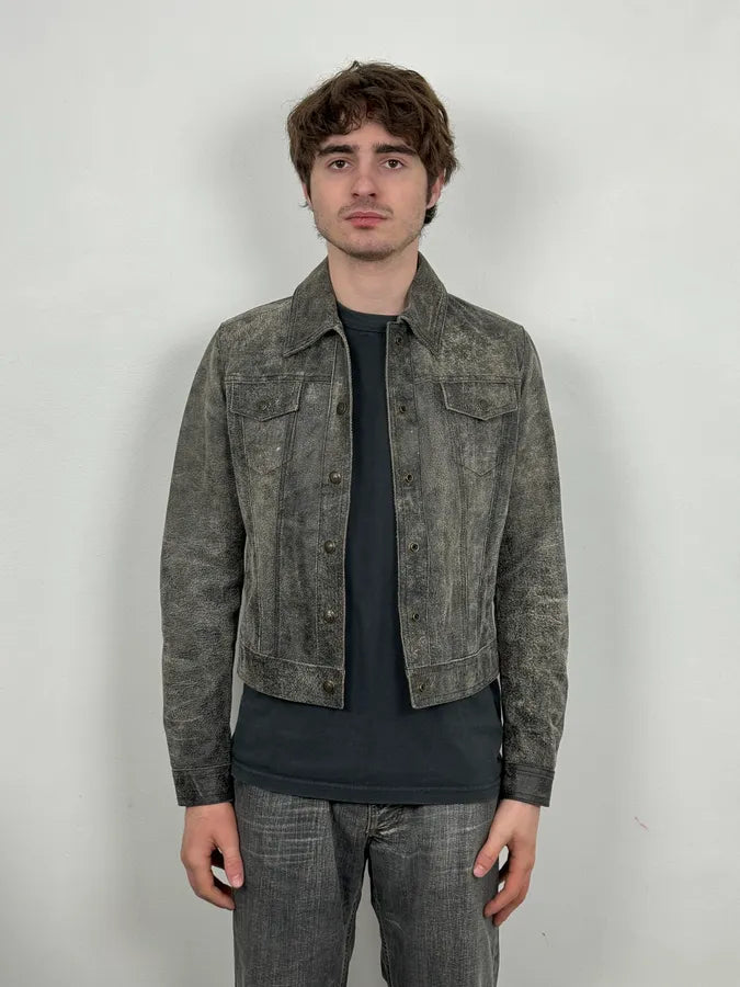 2000s Versace Raw Faded Cropped Grey Leather Trucker Jacket GINicjO 1