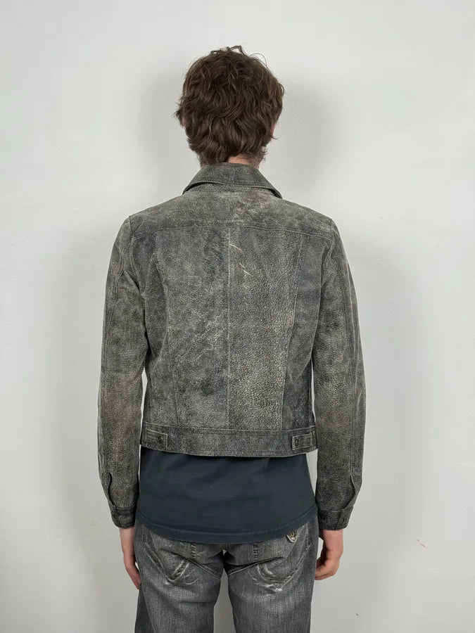 2000s Versace Raw Faded Cropped Grey Leather Trucker Jacket GINicjO 2