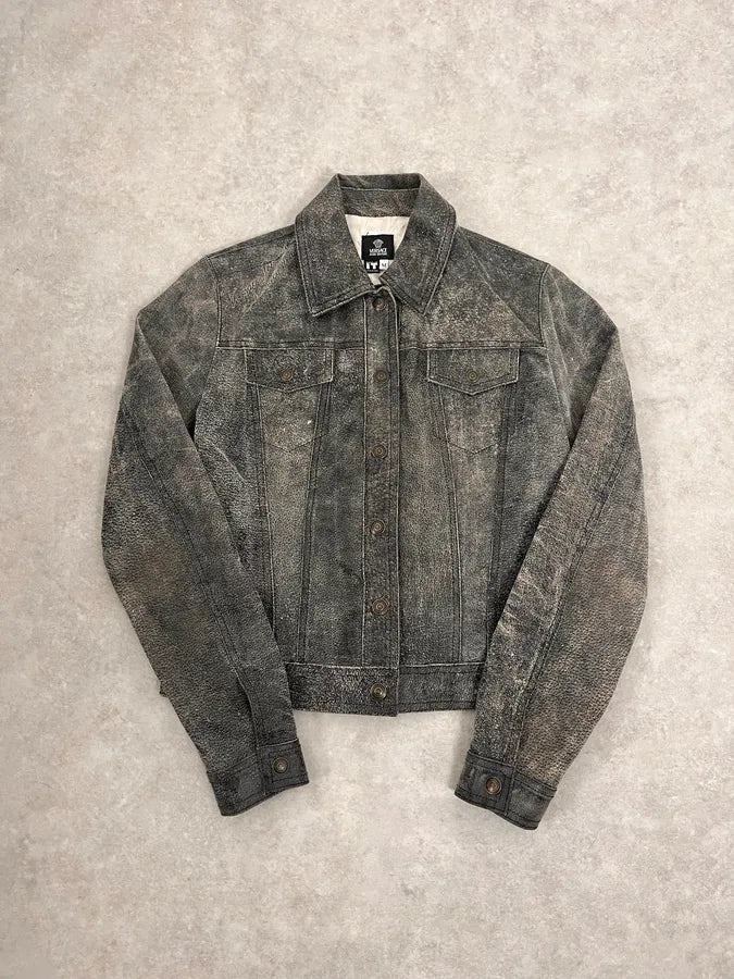 2000s Versace Raw Faded Cropped Grey Leather Trucker Jacket GINicjO 3