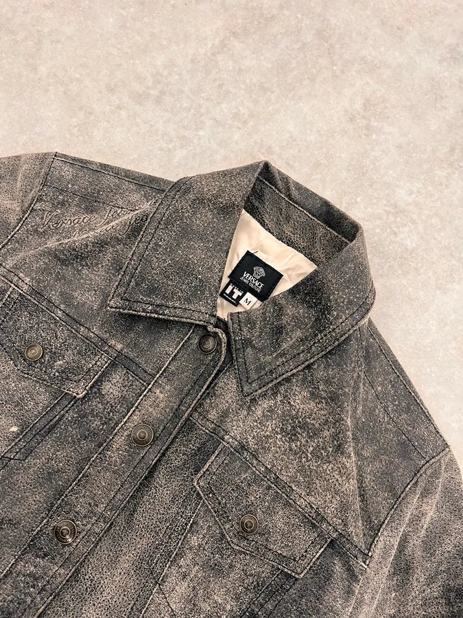 2000s Versace Raw Faded Cropped Grey Leather Trucker Jacket GINicjO 4