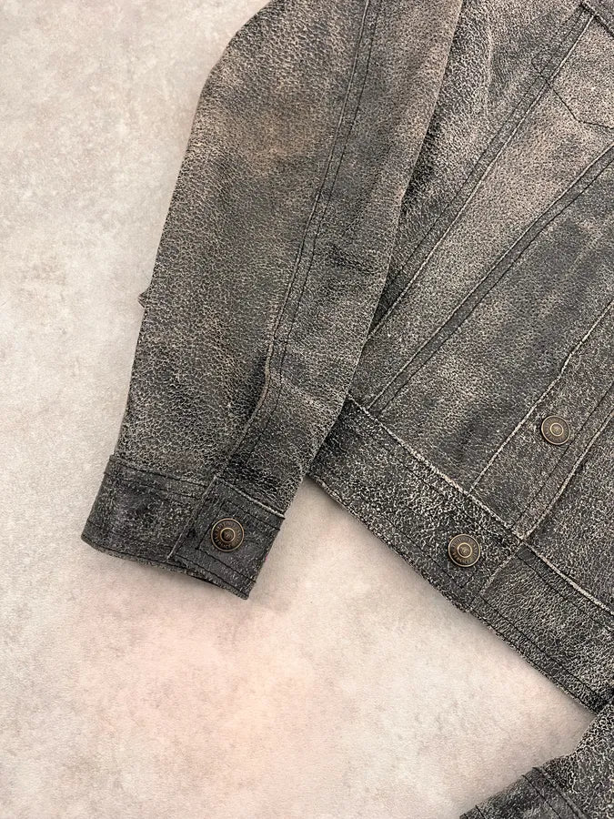 2000s Versace Raw Faded Cropped Grey Leather Trucker Jacket GINicjO 5