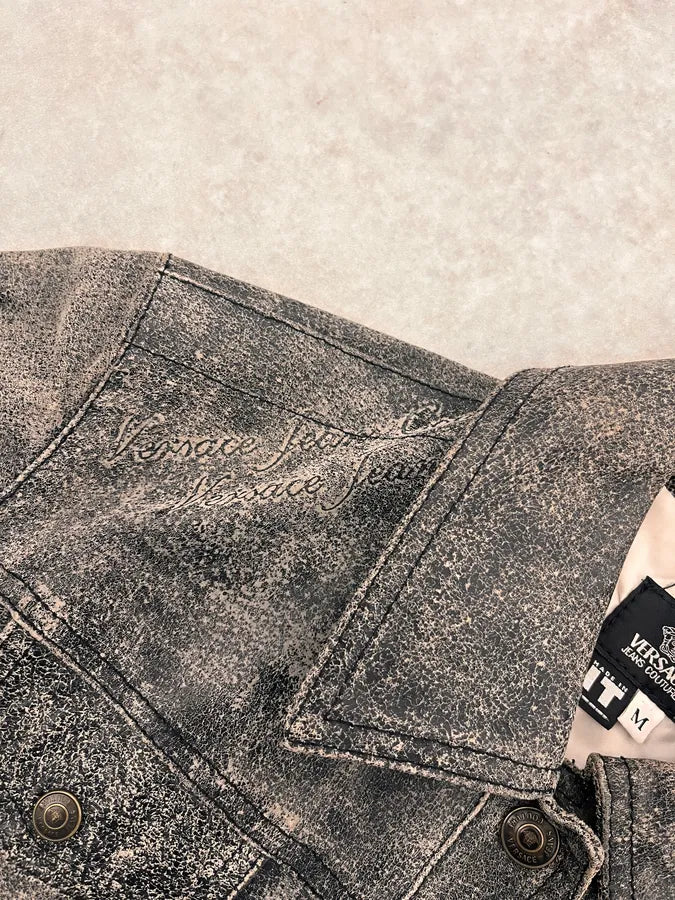 2000s Versace Raw Faded Cropped Grey Leather Trucker Jacket GINicjO 6