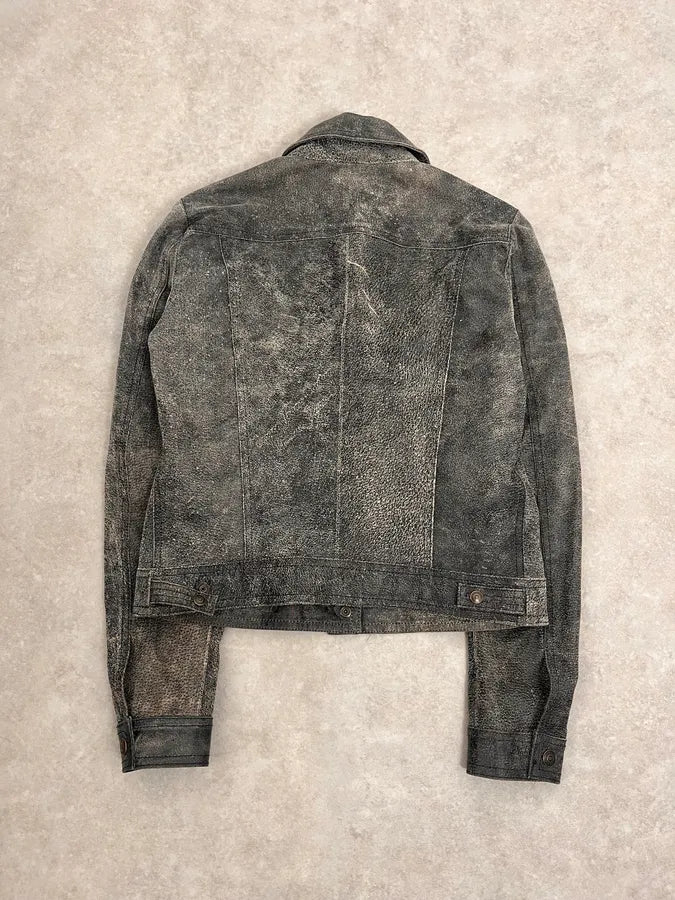 2000s Versace Raw Faded Cropped Grey Leather Trucker Jacket GINicjO 7