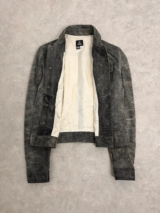 2000s Versace Raw Faded Cropped Grey Leather Trucker Jacket GINicjO 8