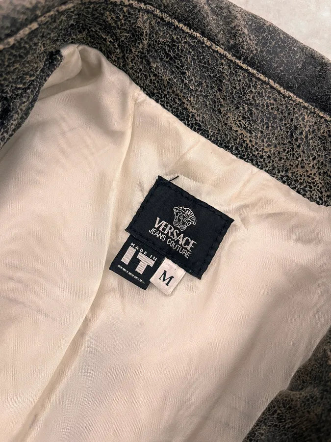 2000s Versace Raw Faded Cropped Grey Leather Trucker Jacket GINicjO 9