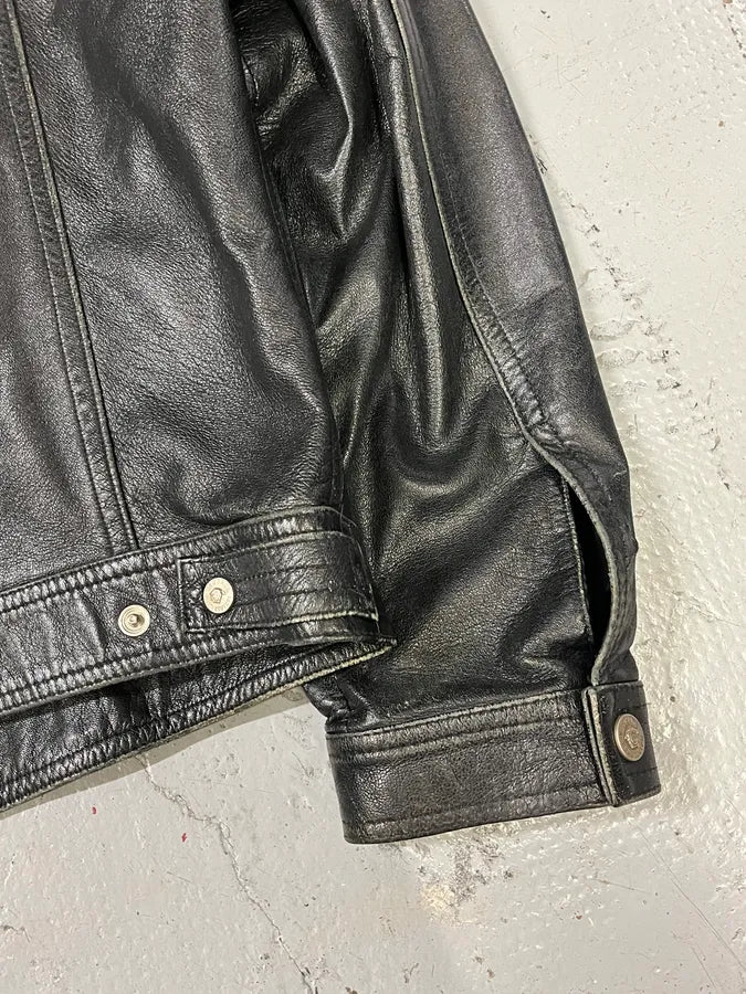 2000s Versace Trucker Black Leather Jacket ItgwJBP 7