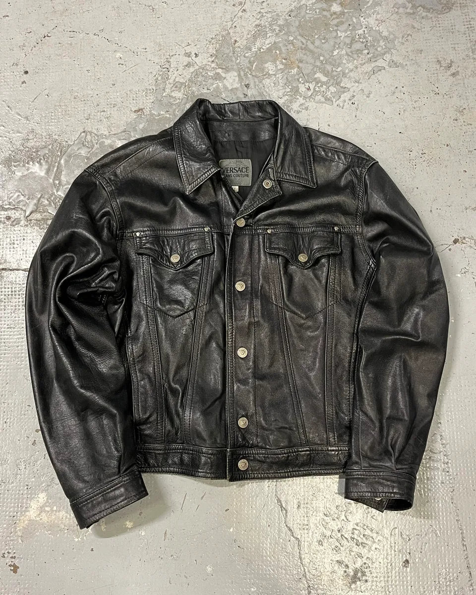2000s Versace Trucker Black Leather Jacket ItgwJBP 0