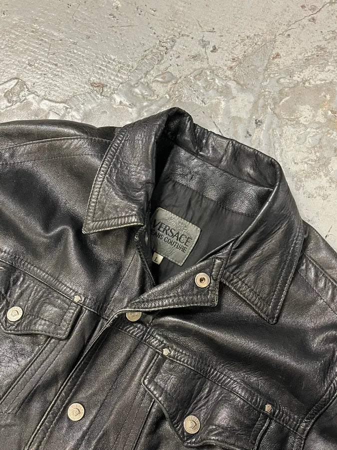 2000s Versace Trucker Black Leather Jacket ItgwJBP 4