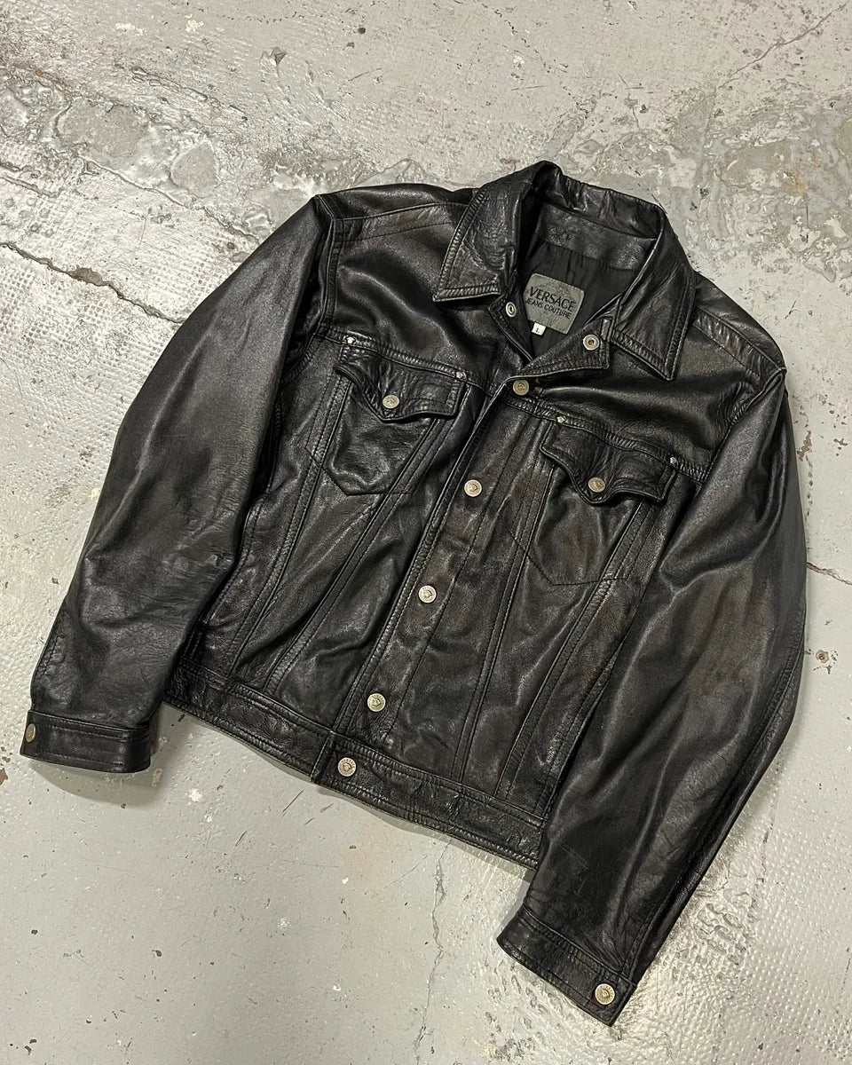 2000s Versace Trucker Black Leather Jacket ItgwJBP 3