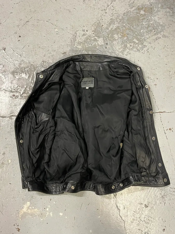 2000s Versace Trucker Black Leather Jacket ItgwJBP 6