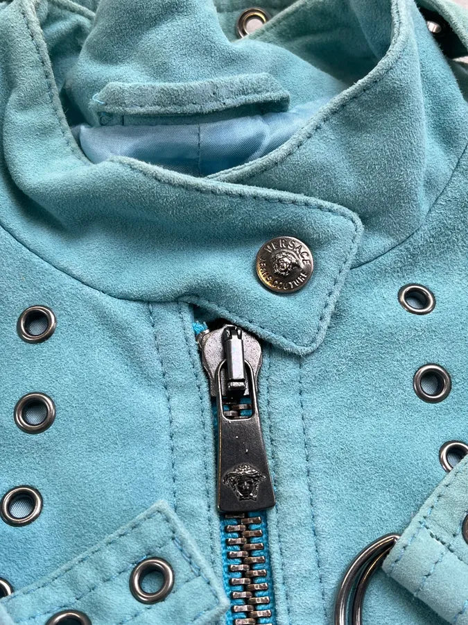 2000s Versace Turquoise Suede Leather Eyelet Light Jacket MbkFDmp 7