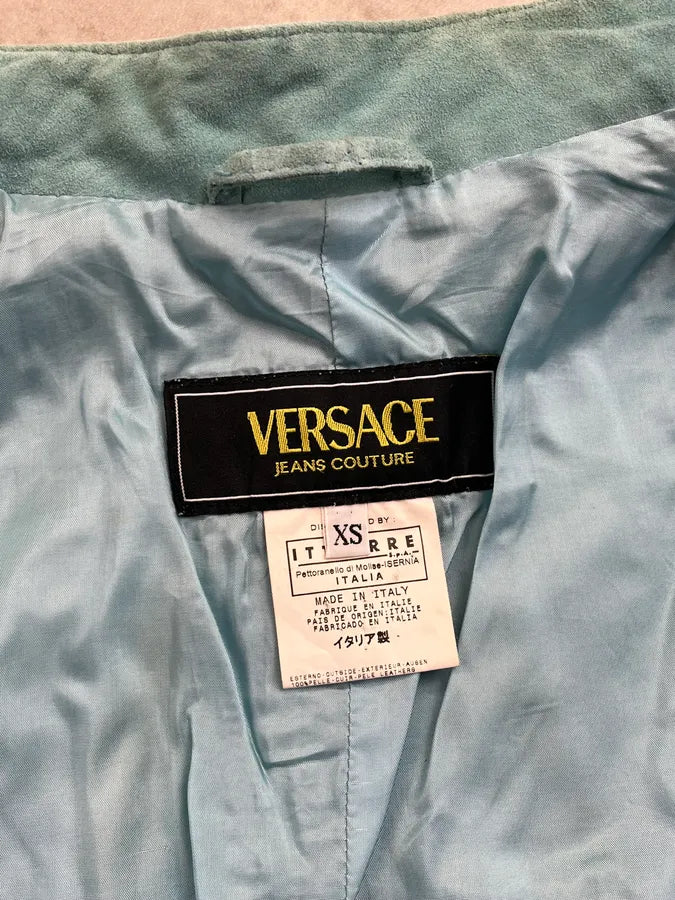2000s Versace Turquoise Suede Leather Eyelet Light Jacket MbkFDmp 8
