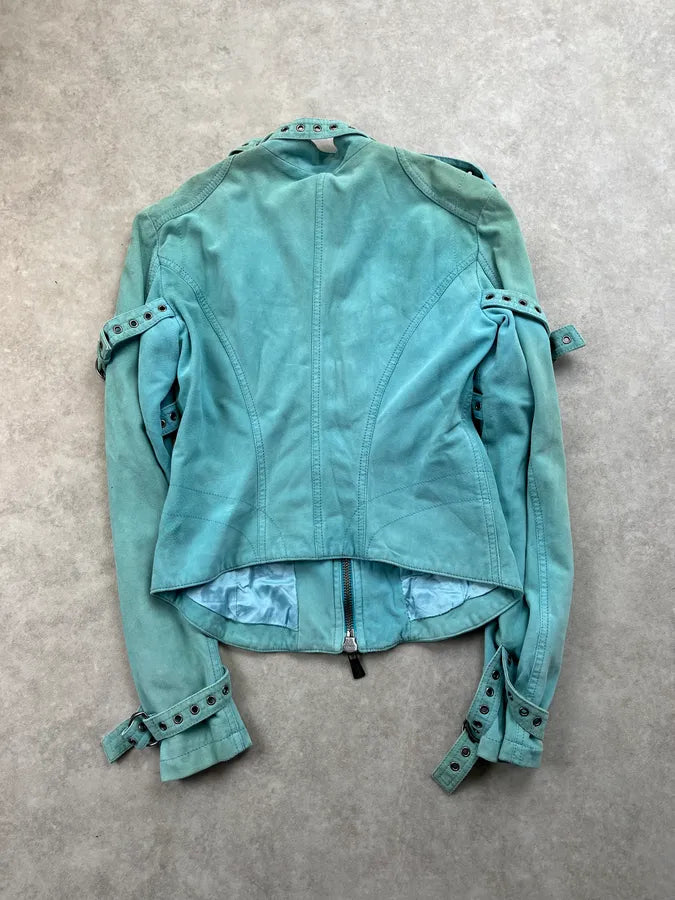 2000s Versace Turquoise Suede Leather Eyelet Light Jacket MbkFDmp 4