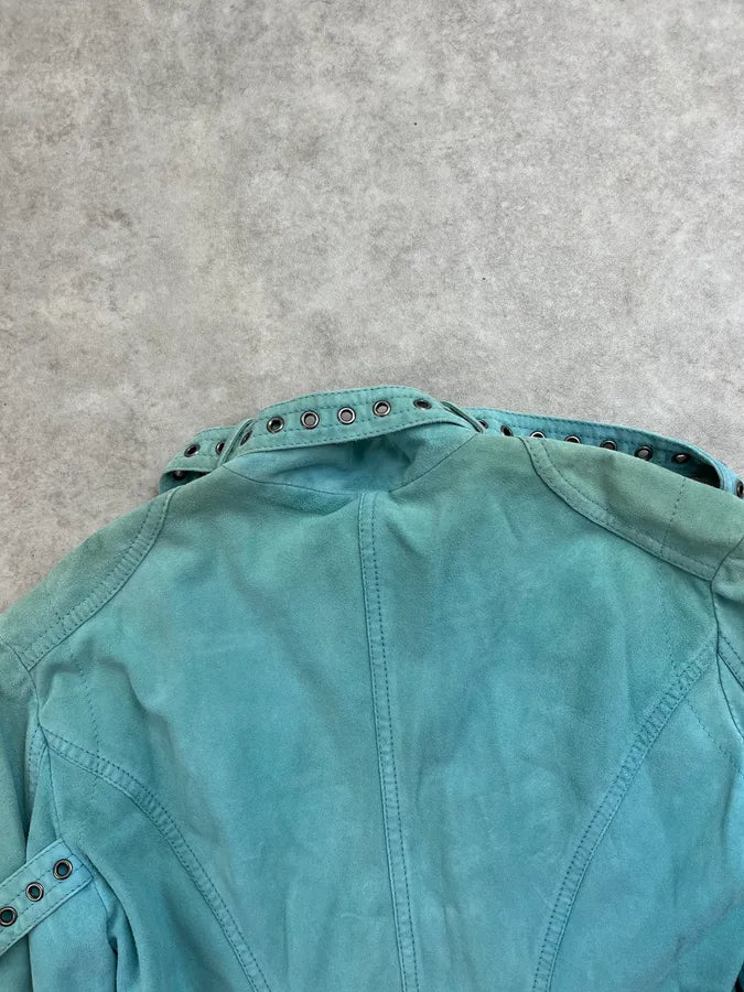 2000s Versace Turquoise Suede Leather Eyelet Light Jacket MbkFDmp 5