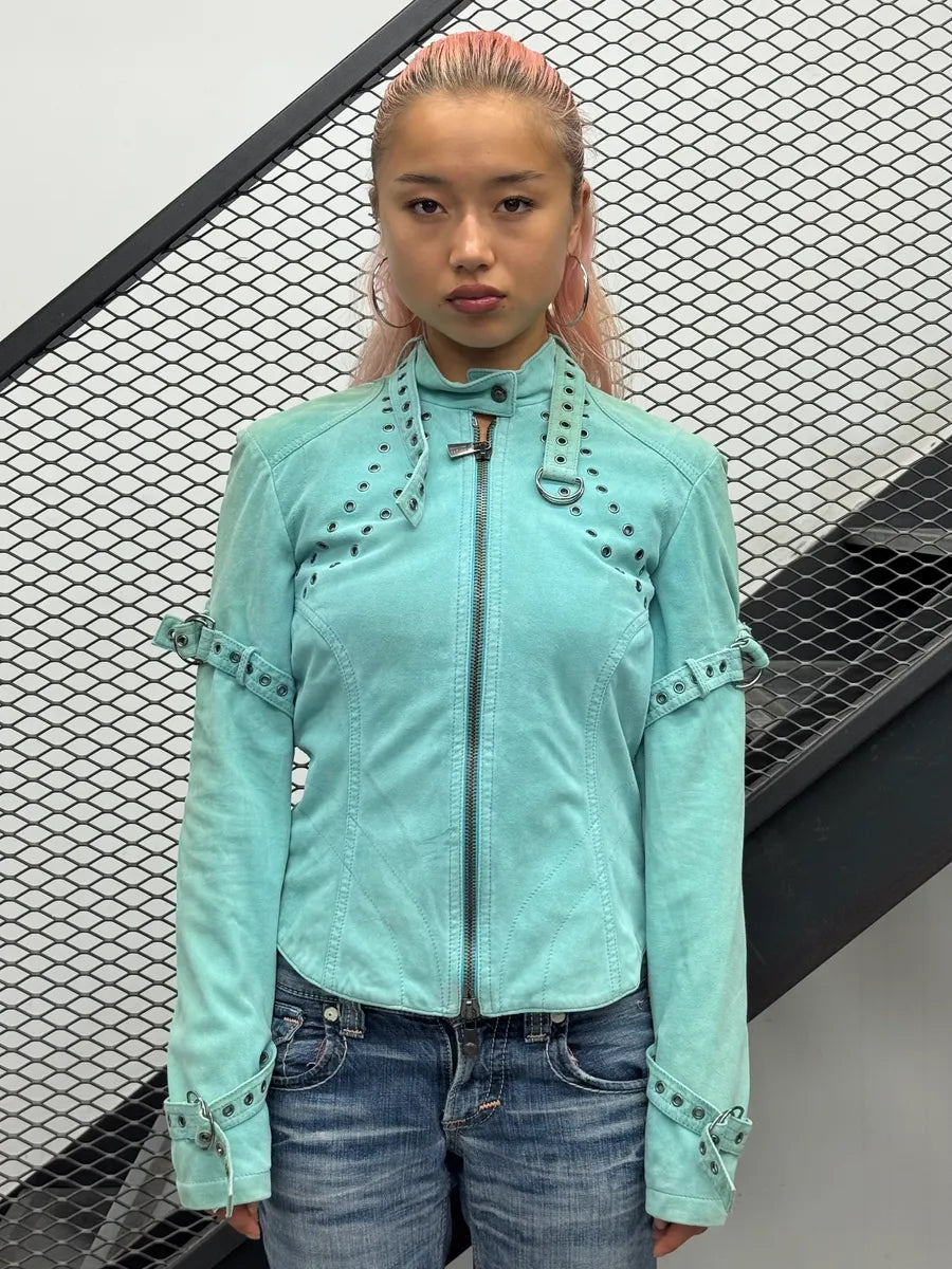 2000s Versace Turquoise Suede Leather Eyelet Light Jacket MbkFDmp 0