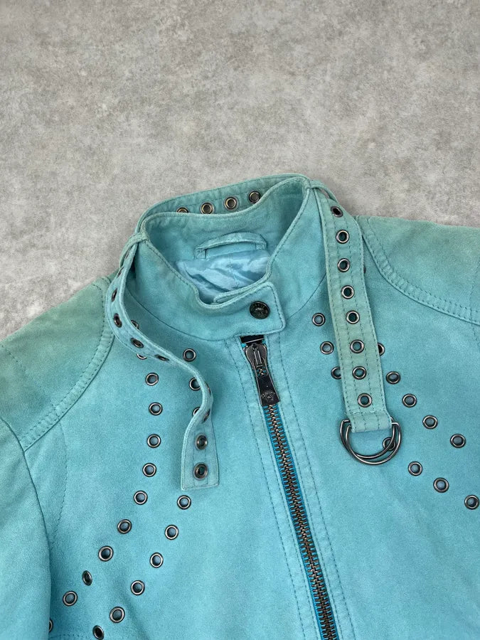 2000s Versace Turquoise Suede Leather Eyelet Light Jacket MbkFDmp 3