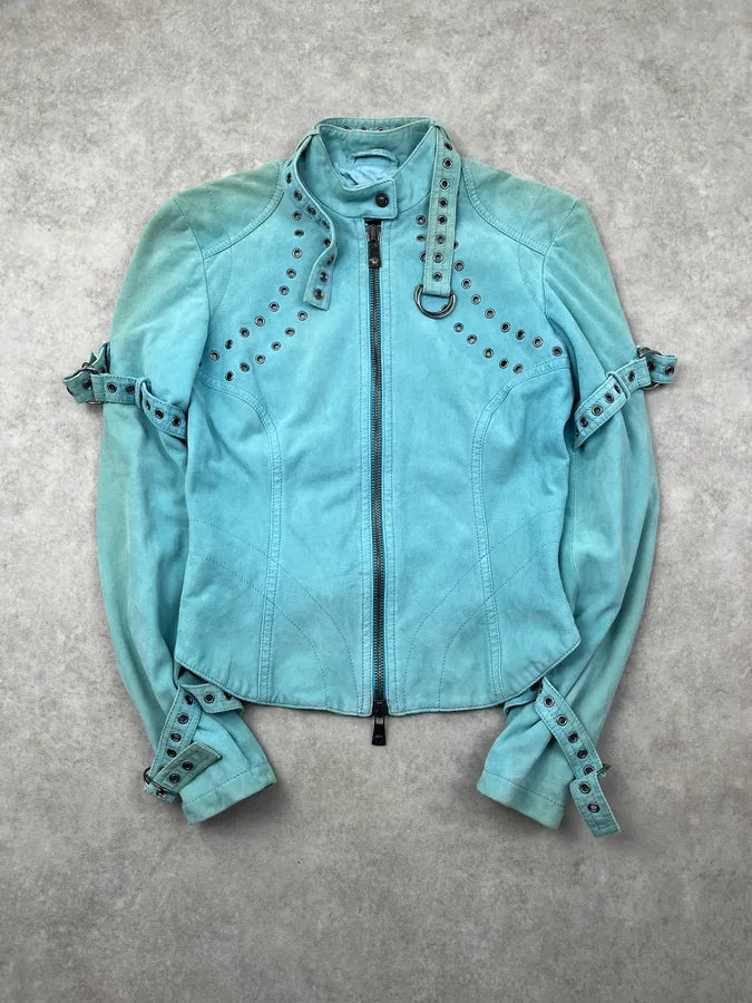 2000s Versace Turquoise Suede Leather Eyelet Light Jacket MbkFDmp 2