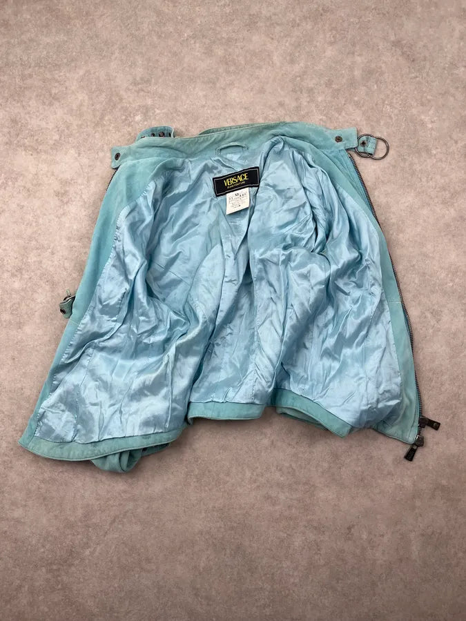2000s Versace Turquoise Suede Leather Eyelet Light Jacket MbkFDmp 6