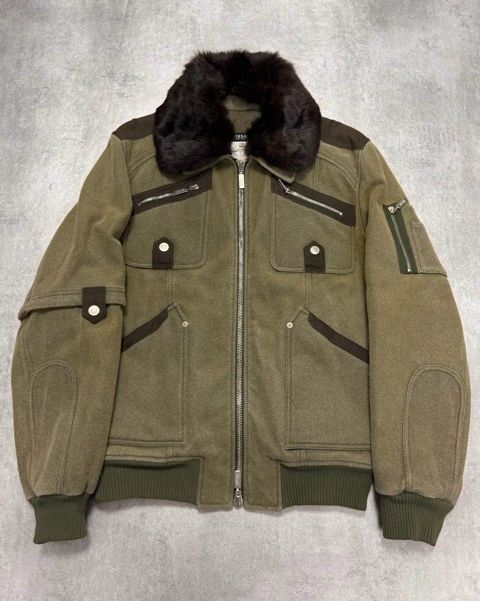 2000s Versace Utility Military Fur Collar Kaki Bomber Jacket FLiwIpu 0
