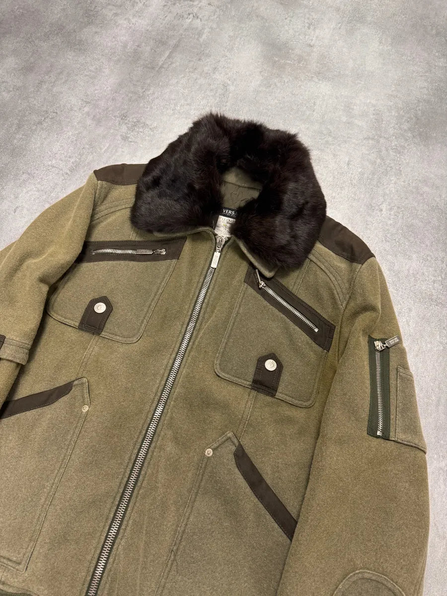 2000s Versace Utility Military Fur Collar Kaki Bomber Jacket FLiwIpu 1
