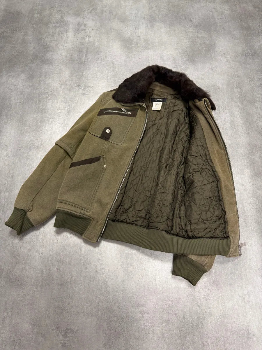 2000s Versace Utility Military Fur Collar Kaki Bomber Jacket FLiwIpu 2