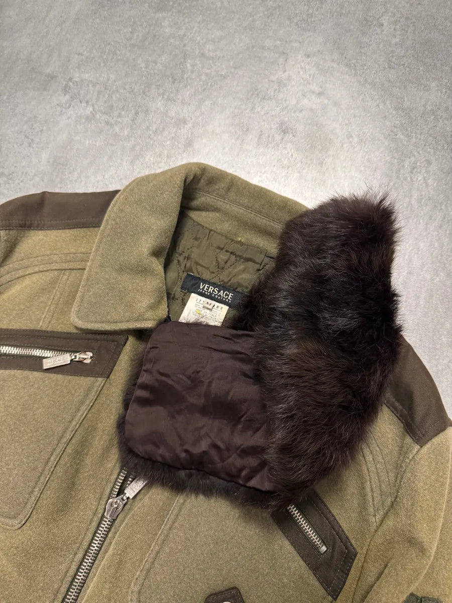 2000s Versace Utility Military Fur Collar Kaki Bomber Jacket FLiwIpu 5