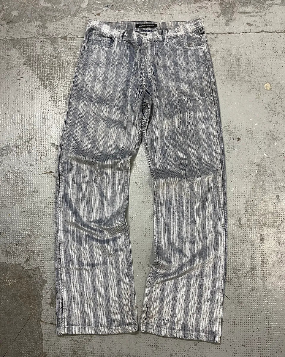 AW2005 Versace White & Blue Irregular Corduroy Pants IUyNtQi 3