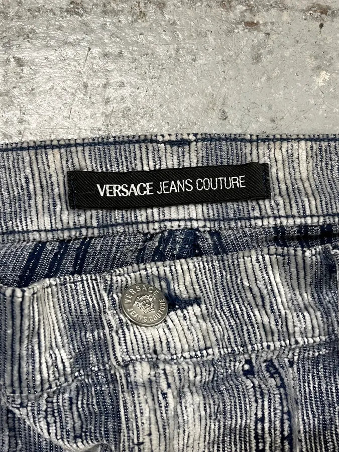 AW2005 Versace White & Blue Irregular Corduroy Pants IUyNtQi 9