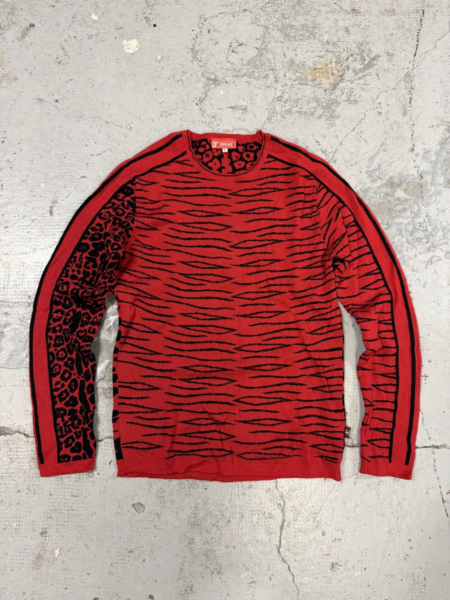2000s Versace Zebra Leopard Red Longsleeves Sweater KdNNQep 0