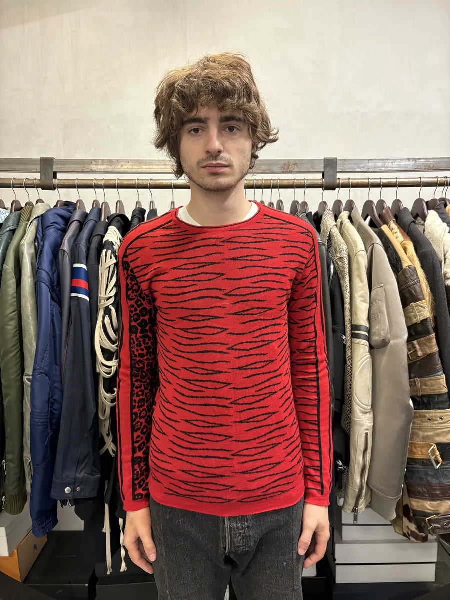 2000s Versace Zebra Leopard Red Longsleeves Sweater KdNNQep 1