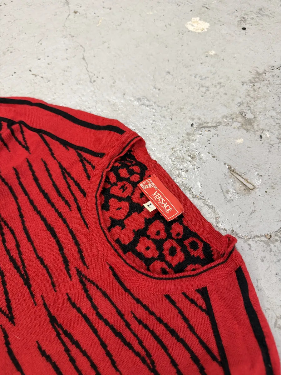 2000s Versace Zebra Leopard Red Longsleeves Sweater KdNNQep 6